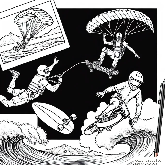 Dessine un parachutiste en plein vol, un surfeur sur une vague gigantesque, un skateur effectuant un tour compliqué dans le parc à roulettes, et un motard effectuant un saut dangereux sur une colline.