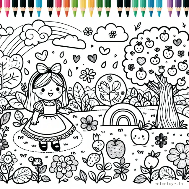 Alice est une petite fille très joyeuse qui aime jouer dans son jardin. Elle est entourée d'arbres fruitiers à la fois majestueux et mystérieux, d'un parterre de fleurs aux mille couleurs et d'animaux enjoués. Aider Alice à donner de la couleur à son jardin !