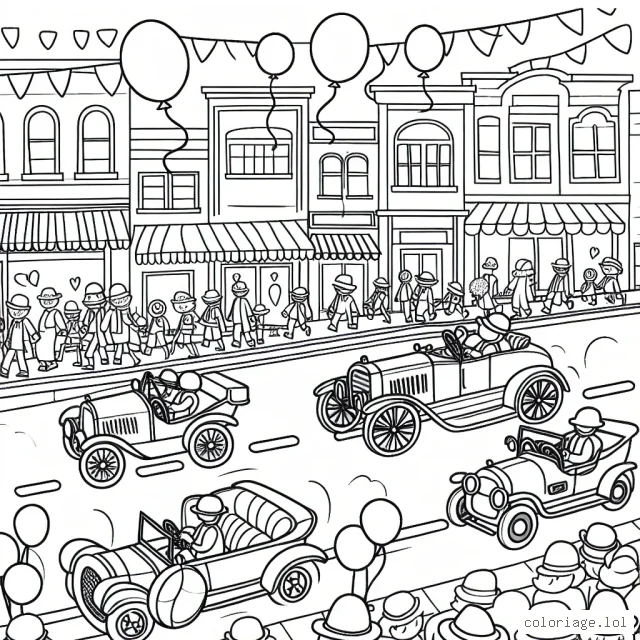 Dessine une course festive de voitures anciennes dans une ville animée.