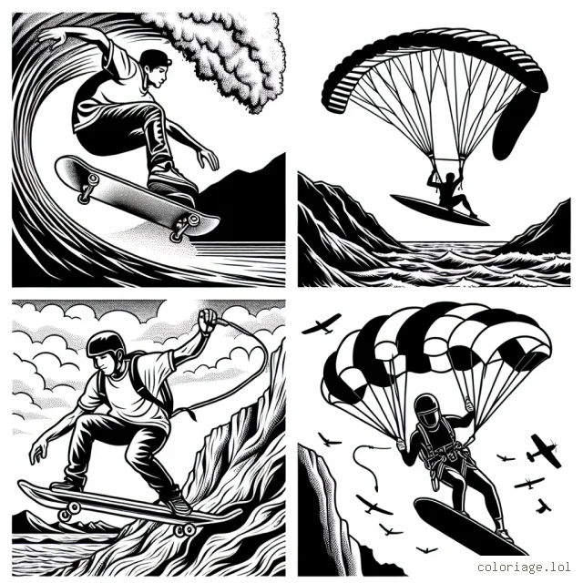 Un skateur effectue un saut impressionnant au-dessus d'une rampe, un surfer chevauche une vague géante, un parachutiste descendant du ciel avec élégance et un grimpeur escalade une falaise vertigineuse.