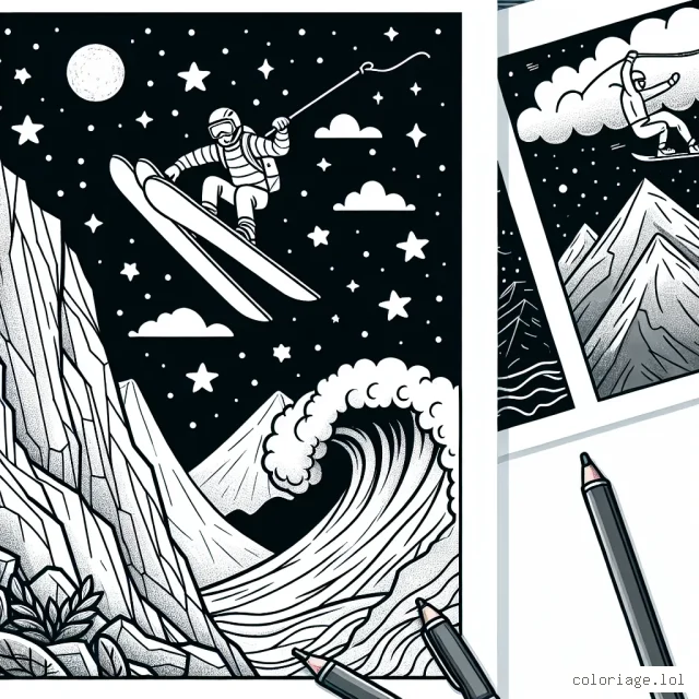 Dessine un grimpeur sur une haute montagne rocheuse, un surfeur attrapant une vague géante et un sauteur à ski volant dans les airs sur un fond de ciel étoilé.