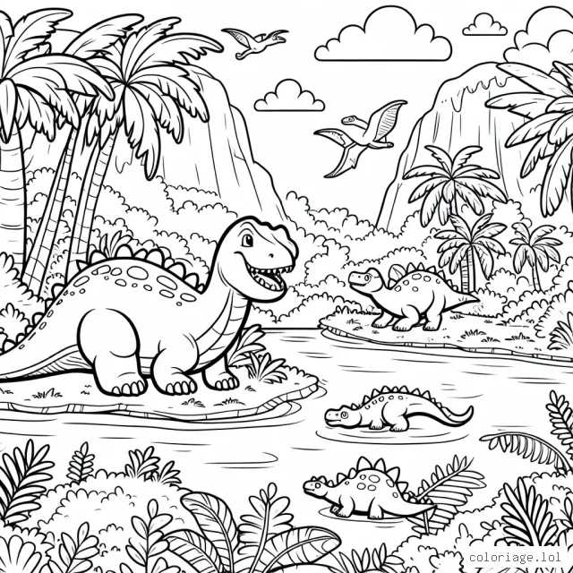 Une scène de la vie préhistorique avec des dinosaures dans un paysage luxuriant