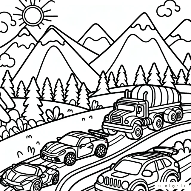 Dessine une fantastique course de voitures avec des voitures de différents types : voiture de sport, voiture familiale, voiture électrique et monster truck sur un chemin sinueux entouré de montagnes et de forêt. N'oublie pas le soleil qui brille dans le ciel et les supporters enthousiastes agitant leurs drapeaux sur le côté de la route.