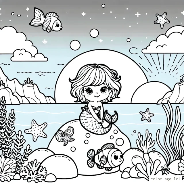 Une petite sirène assise sur un rocher au milieu de l'océan avec un poisson-clown à ses pieds et des étoiles de mer accrochées aux rochers. En arrière-plan, un beau coucher de soleil complète le paysage.