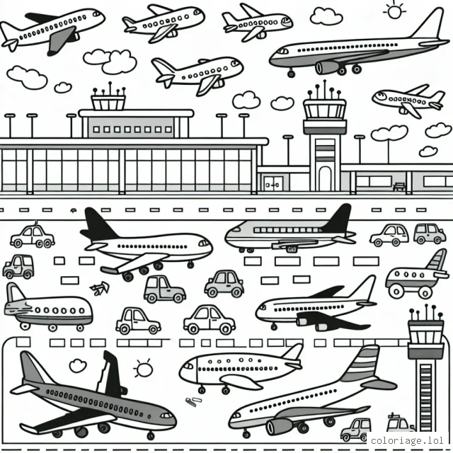 Un aéroport animé avec différents types d'avions à colorier