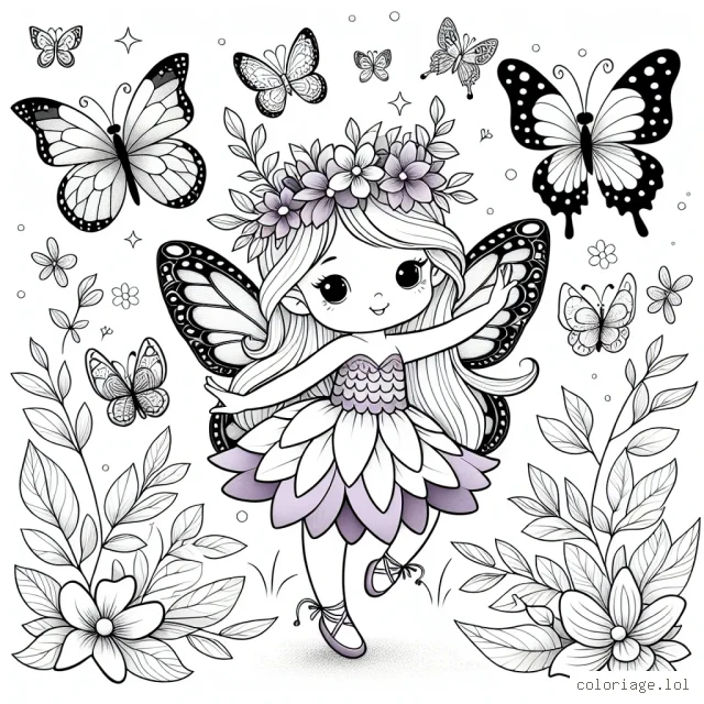 Imaginez une petite fée des bois dans son environnement naturel en train de danser avec différentes espèces de papillons. La fée dans une robe aux pétales de violette, avec une couronne de lavande sur sa tête, de longs cheveux couleur du soleil et des ailes scintillantes. Les papillons dans diverses formes et couleurs, avec des feuilles et des fleurs délicates comme toile de fond. Le but est de donner vie à la scène à travers tes couleurs!