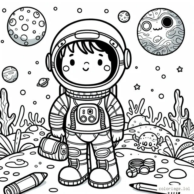 Un astronaute courageux se prépare dans sa combinaison spatiale pour partir à la découverte d'une nouvelle planète inconnue remplie de créatures et de paysages étranges.
