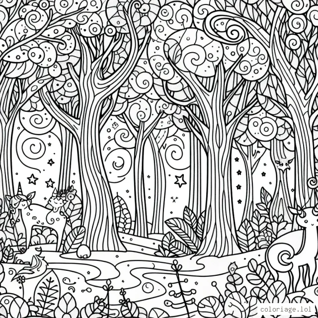 Une forêt mystique avec des arbres enchantés et des créatures merveilleuses cachées