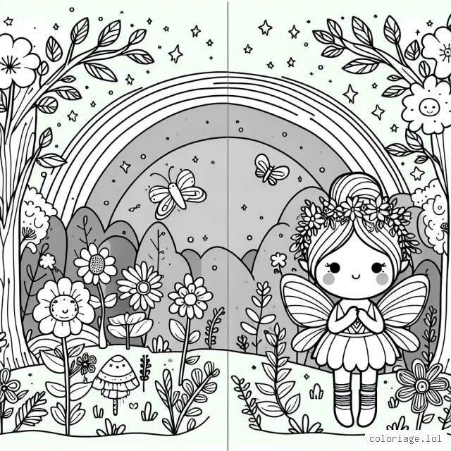 Une petite fée dans une forêt enchantée pleine de fleurs et d'arbres magiques avec un arc-en-ciel