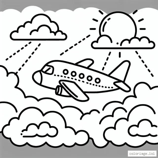 Dessiner un avion volant dans le ciel avec le soleil à travers les nuages.