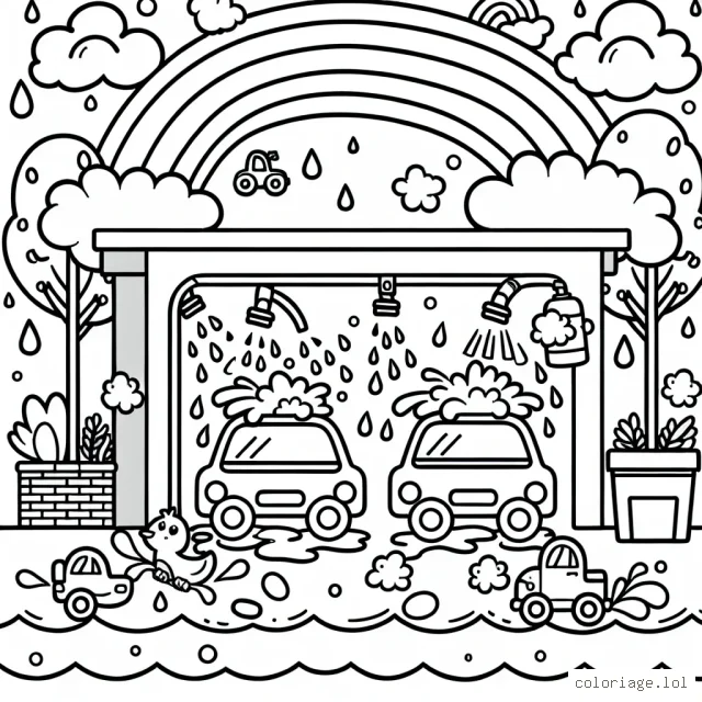 Dessine une scène animée à la station de lavage de voitures avec des voitures aux couleurs vives, des éclaboussures d'eau ludiques sur toutes les voitures, des arbres, des animaux, des bulles de savon, et un grand arc en ciel dans le ciel.