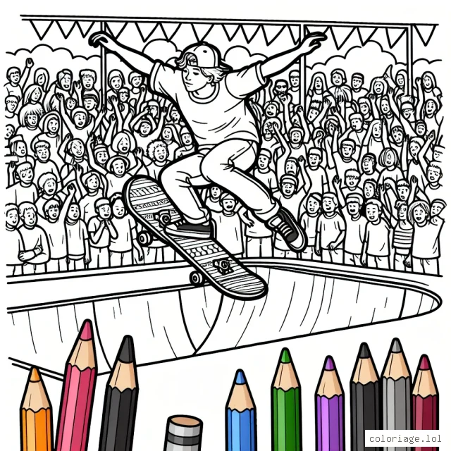 Dessine un Skateur exécutant une figure impressionnante dans un skatepark plein d'adrénaline, avec un public étonné en arrière-plan.