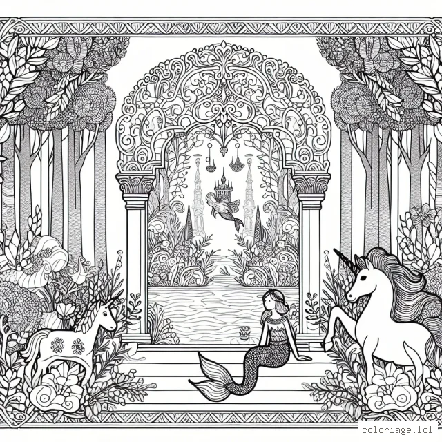 Un paysage féerique d'un somptueux jardin secret, gardé par une douce sirène et son ami licorne, caché au sein d'une forêt enchantée.