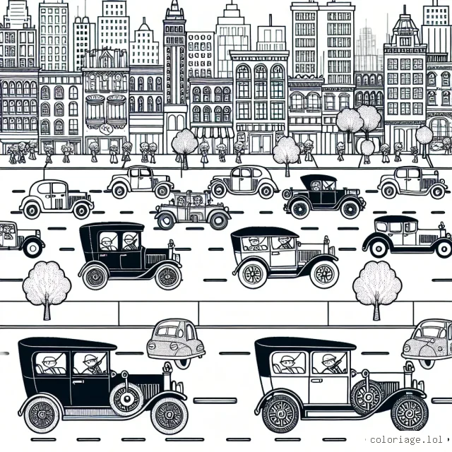 Dessine un défilé de voitures anciennes dans une ville animée.