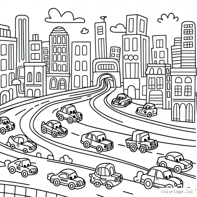 Une grande course de voitures animées sur des routes sinueuses à travers une ville animée