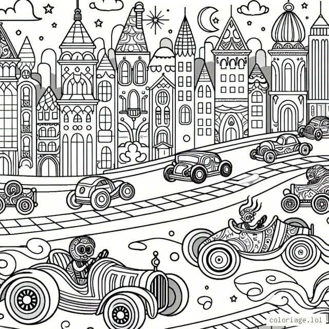 Dessine une course de voitures fantastiques à travers la ville magique.
