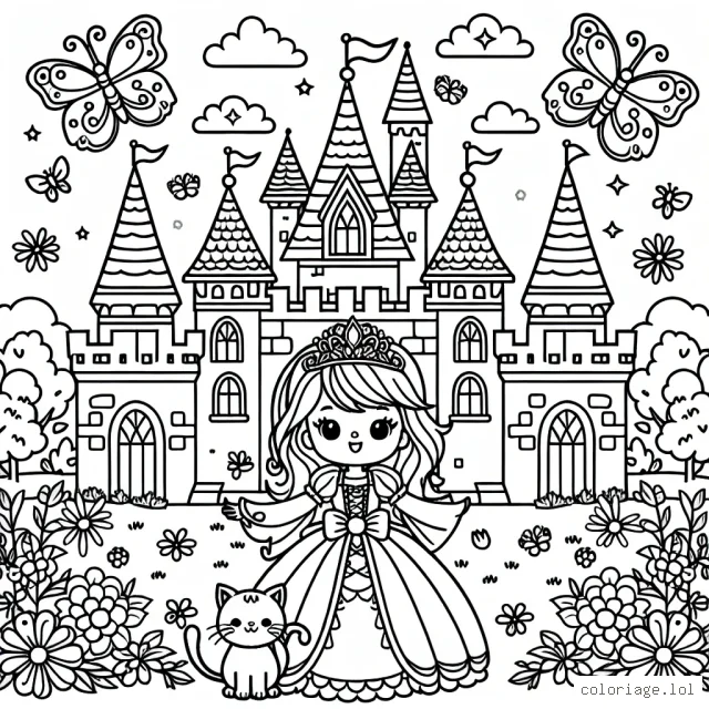 Un magnifique château féerique avec une princesse qui se tient devant avec un petit chaton sur son épaule. Des papillons dansent dans le ciel et des fleurs colorées fleurissent tout autour.