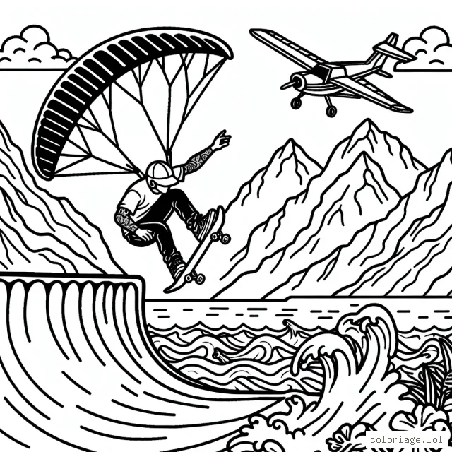 Une scène de sports extrêmes où un skateur audacieux exécute un saut périlleux arrière sur un half-pipe dans un parc de skateboard, tandis qu'un parapentiste survole les hautes montagnes et un surfeur défie les vagues massives de l'océan.