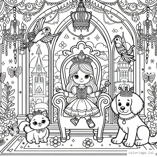 Imagine une jeune princesse assise sur son trône royal dans son majestueux château, entourée par ses fidèles animaux de compagnie : un chat aux yeux brillants, un chiot doré et un majestueux perroquet. Ils sont tous dans la grande salle, et à l'arrière-plan, on peut voir des tapisseries colorées, des chandeliers scintillants et des guirlandes de fleurs. Dessine aussi des papillons tourbillonnants dans l'air.