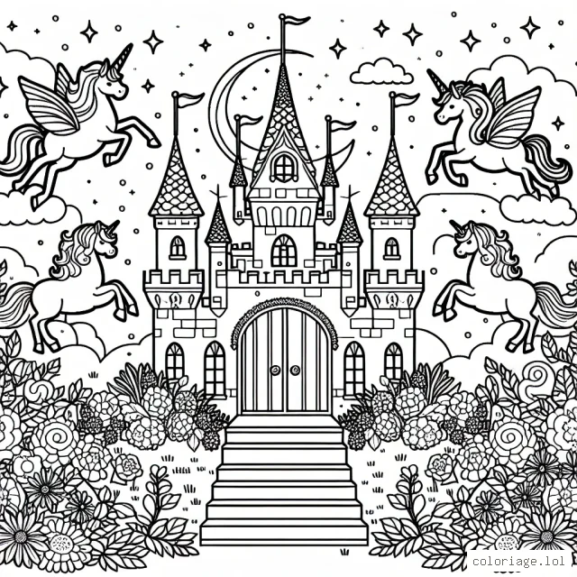 Un château enchanté rempli de licornes et de fées, entouré d'un jardin fleuri.