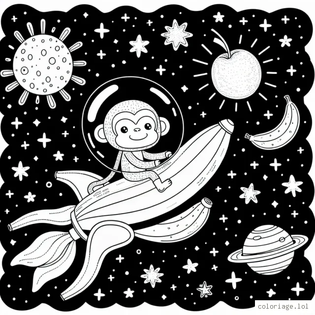 Un petit singe vole dans l'espace à bord d'une fusée en forme de banane. Il découvre une planète peuplée de fruits géants dont il rêve de manger. Le dessin contient également des étoiles brillantes et autres constellations.