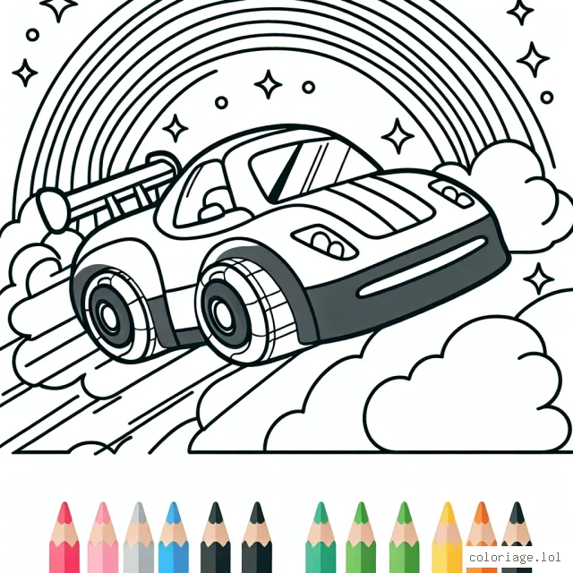Voiture de course survolant un arc-en-ciel