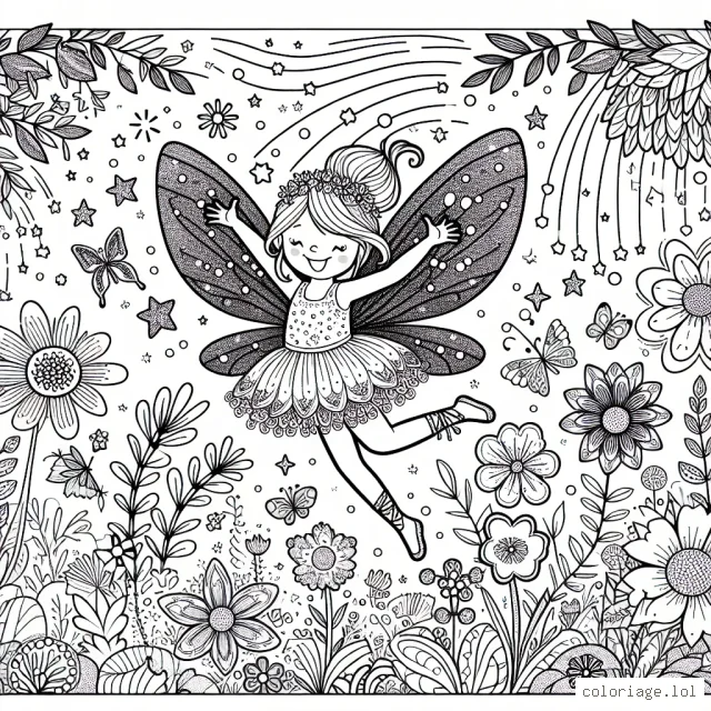 Dessine une fée joyeuse avec des ailes pailletées dans un jardin enchanté plein de fleurs colorées et d'animaux féeriques.