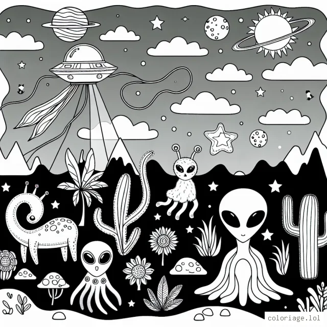 Un paysage extraterrestre avec des formes de plantes et d'animaux inconnus, et un vaisseau spatial qui atterrit