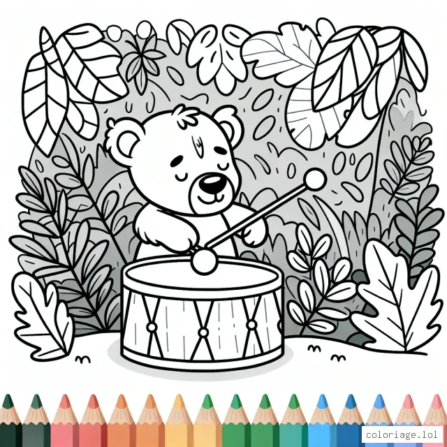 Un petit ourson courageux qui joue du tambour dans la jungle colorée