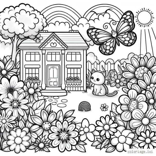 Un grand jardin plein de fleurs chatoyantes s'étale devant une belle maison de poupée. Parmi les fleurs, un petit papillon joyeux aux ailes délicates s'envole. Un petit chat adorable joue avec une pelote de laine près de la maison. Le soleil brille et l'arc-en-ciel ajoute de la magie au paysage.