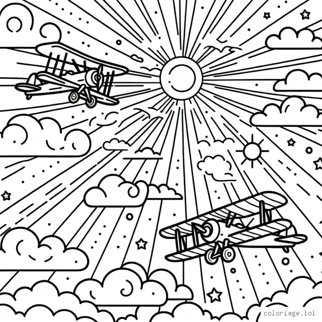 Un groupe d'avions colorés qui volent à travers un ciel rempli de nuages et de soleil