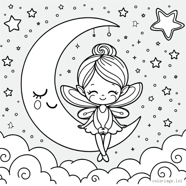 Une petite fée souriante perchée sur une lune en forme de croissant, entourée d'étoiles scintillantes et de nuages moelleux.