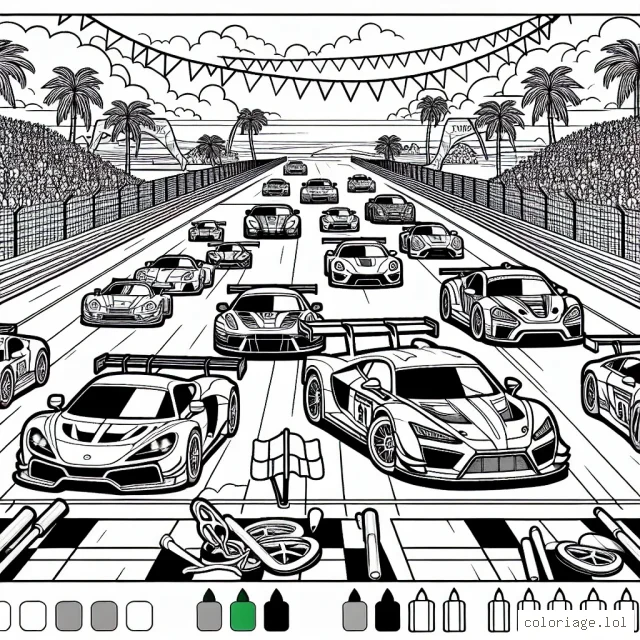 Une scène de course passionnante avec différentes voitures de sport. Les voitures sont alignées sur la ligne de départ, les pilotes à l’intérieur sont prêts à démarrer la course. La piste est entourée d’une foule animée, de drapeaux de course et de palmiers. En arrière-plan, on aperçoit l'océan.