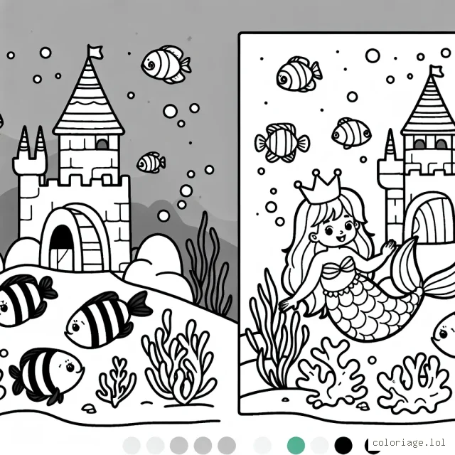 Une petite sirène qui joue avec des poissons colorés près d'un château de corail