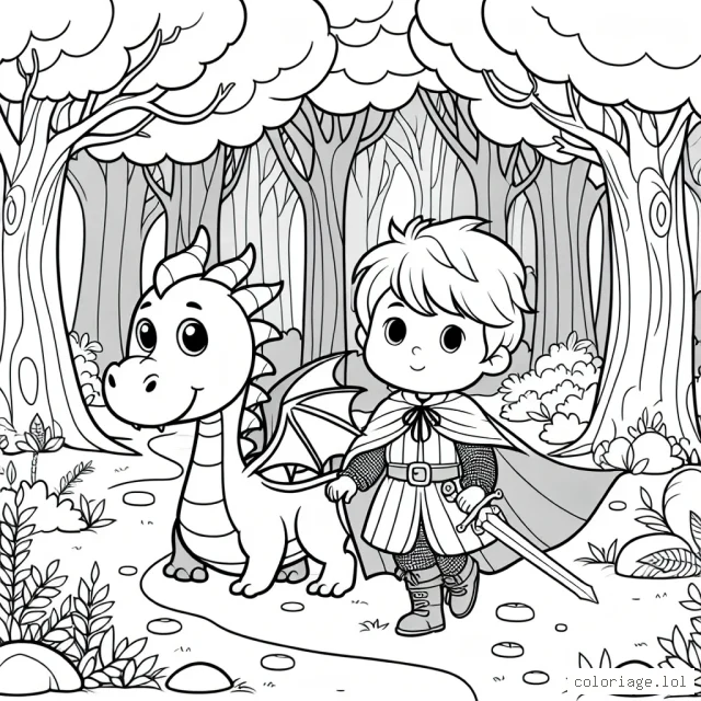 Une scène intrigante où un jeune chevalier courageux navigue dans une forêt enchantée avec son fidèle dragon.