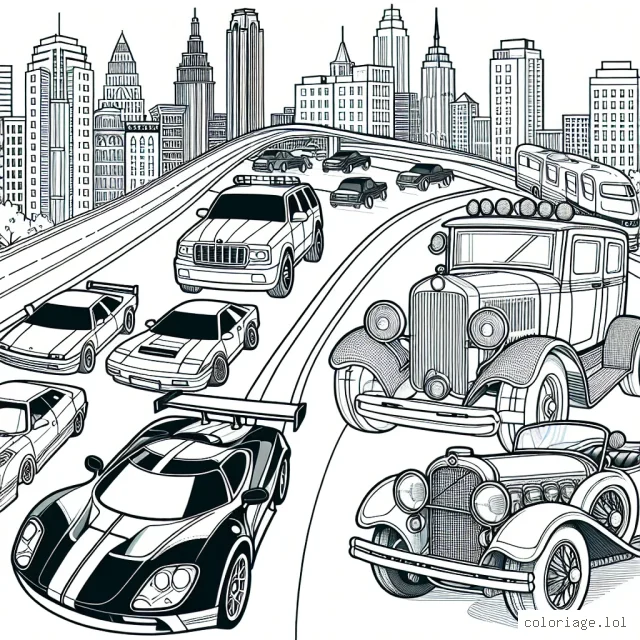 Dans le paysage de ville, dessine une voiture de course vibrante qui zigzague à travers la circulation, une voiture ancienne avec ses finitions détaillées qui se tient majestueusement sur le bord de la route, et une voiture de police avec ses lumières clignotantes qui est à la poursuite d'un fugitif.