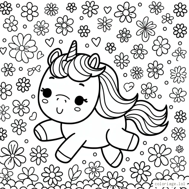 Une adorable petite licorne gambadant dans un champ de fleurs multicolores