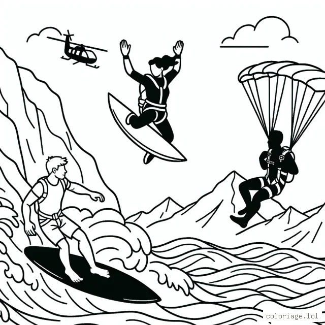 Dessine un grimpeur en pleine ascension, un surfeur qui dompte les vagues et un parachutiste en plein vol libre
