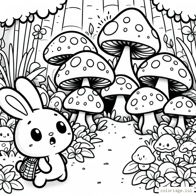 Imagine le petit lapin Timmy explorant un mystérieux royaume des champignons. Il y rencontre des créatures étranges et enchantées, cachées parmi les champignons touffus.