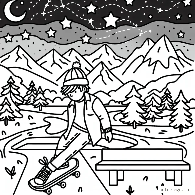 Dessine un skateboarder en action dans un magnifique parc de skate, des montagnes en arrière-plan et un ciel étoilé au-dessus.