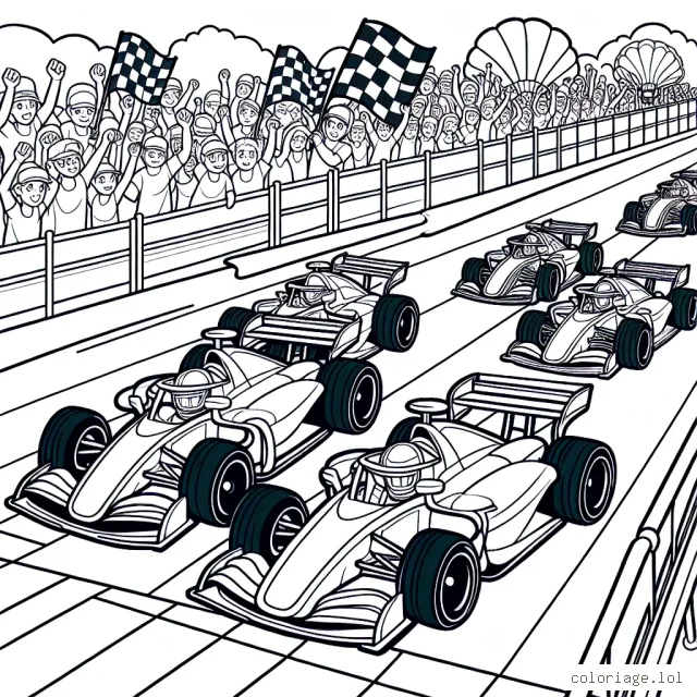 Une scène animée d'un défilé de voitures de course colorées avec un public enthousiaste à colorier.