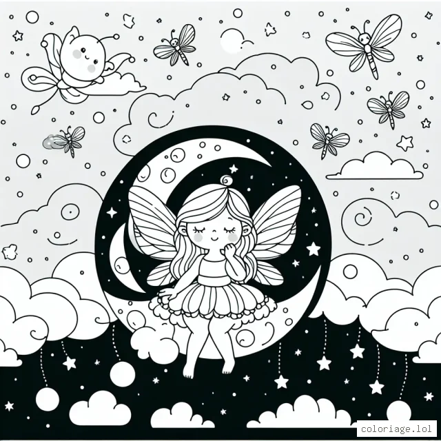 Dessine une petite fée assise sur une lune accrochée à un ciel nocturne étoilé, entourée de petites lucioles.