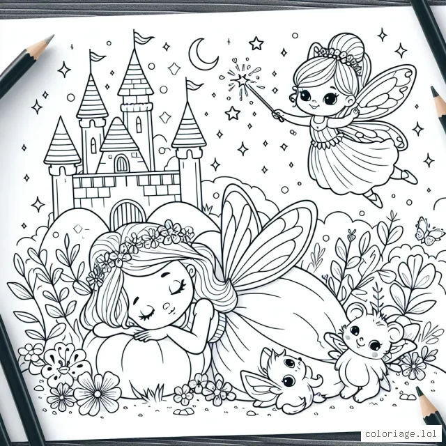 Sur la page, il y a une scène féerique représentant une princesse endormie dans son château, entourée de ses animaux de compagnie qui sont des créatures enchantées. A côté d'elle se trouve une fée délicatement assise sur une fleur, qui pointe sa baguette magique vers un ciel étoilé.