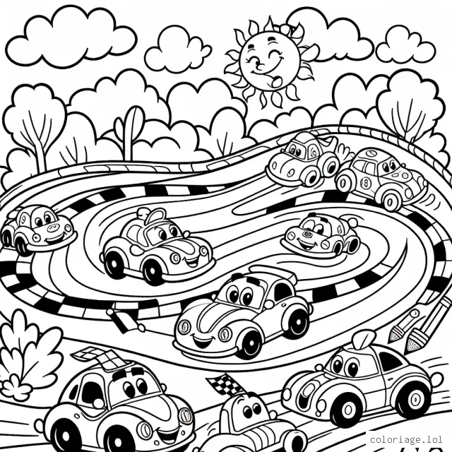 Une scène de courses de voitures animées, avec des voitures colorées et drôles sur des pistes sinueuses, entourées par une foule joyeuse et des arbres luxuriants. N'oublie pas de colorer le ciel, le soleil et les nuages au-dessus.