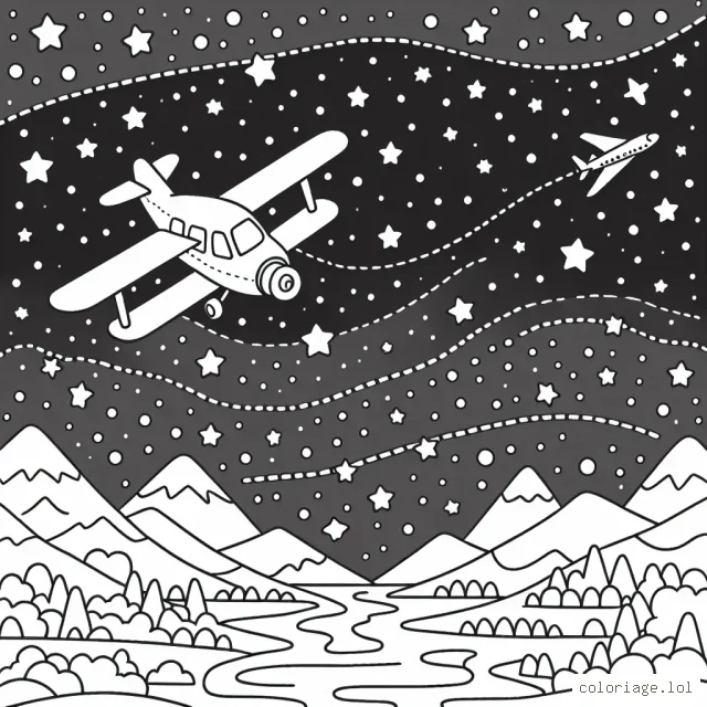 Un avion traverse le ciel étoilé pour atteindre un pays lointain, plein de montagnes, de rivières et de forêts. Imaginez les couleurs que vous voulez donner à ce paysage!