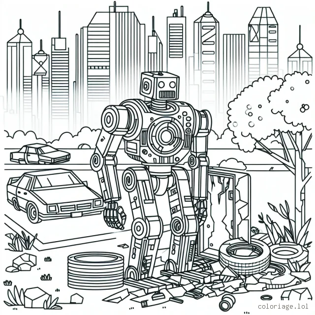 Un ancien robot cassé dans un dépotoir à côté d'une ville futuriste