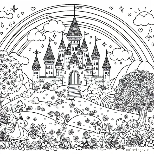 Un château enchanté perché sur une colline fleurie, entouré de créatures magiques et d'un arc-en-ciel lumineux.