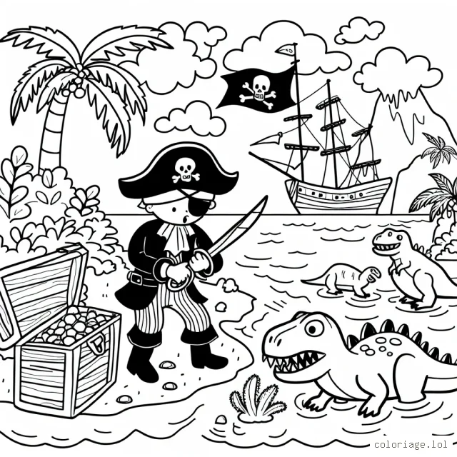 Un pirate à la recherche d'un trésor sur une île habitée par des dinosaures