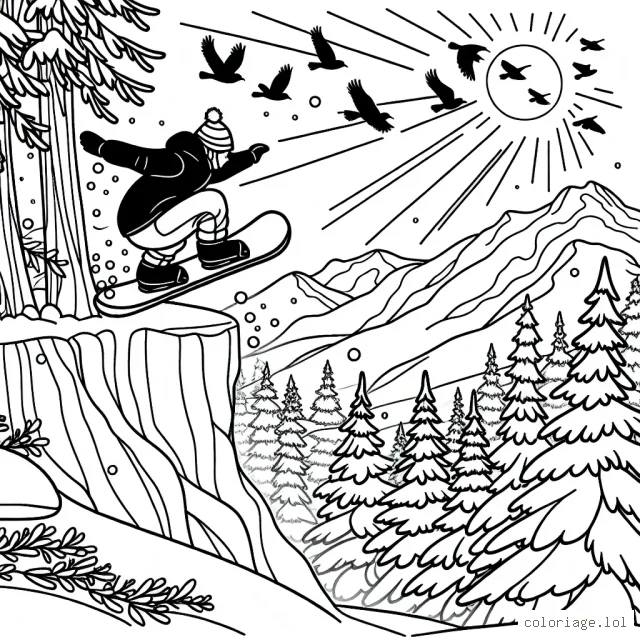Imagine un sport extrême impressionnant où un snowboarder audacieux descend une montagne enneigée en esquivant des arbres et sautant par-dessus des falaises vertigineuses. Des oiseaux s'envolent à son passage et le soleil brille en arrière-plan, illuminant le paysage d'hiver.