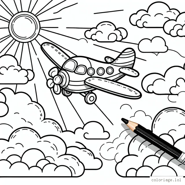 Sur cet atelier de coloriage, vous découvrirez une scène d'un ravissant avion volant haut dans le ciel azur, entouré de nuages moelleux et d'un soleil radiant. Sur les ailes et la coque de l'avion, il y a des détails merveilleusement complexes prêts à être colorés. Laissez votre imagination s'envoler !